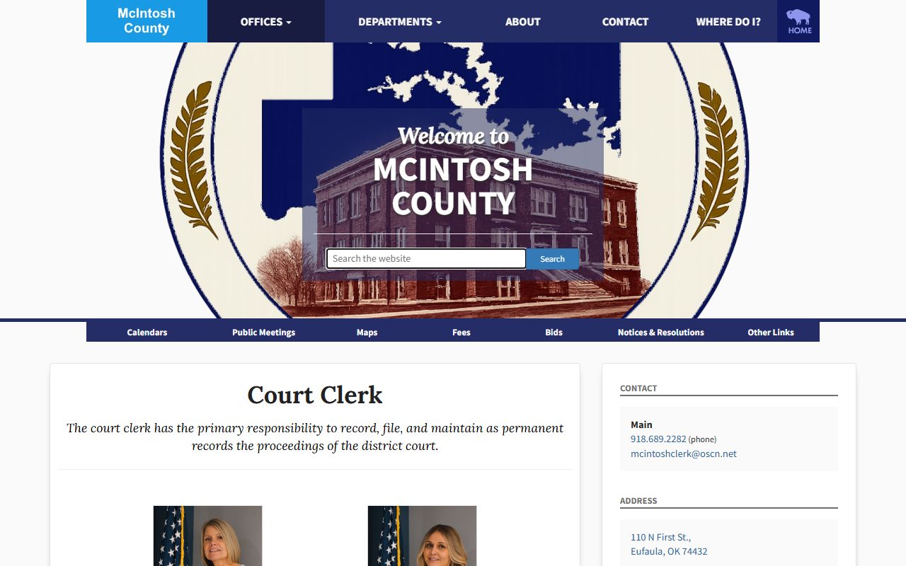McIntosh County court clerk page for inmate records and filed charges